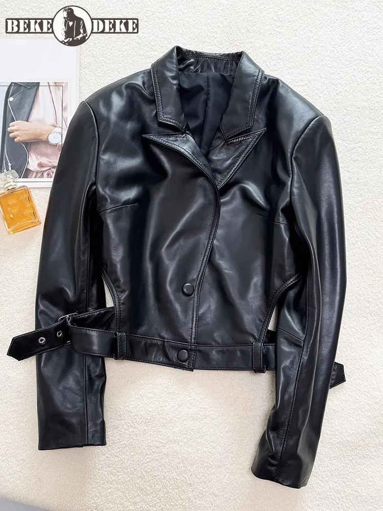 

Fashion Hollow Out Women Genuine Leather Jackets Punk Motorcycle Short Coat Single Breasted Natural Sheepskin Outerwear Tops New