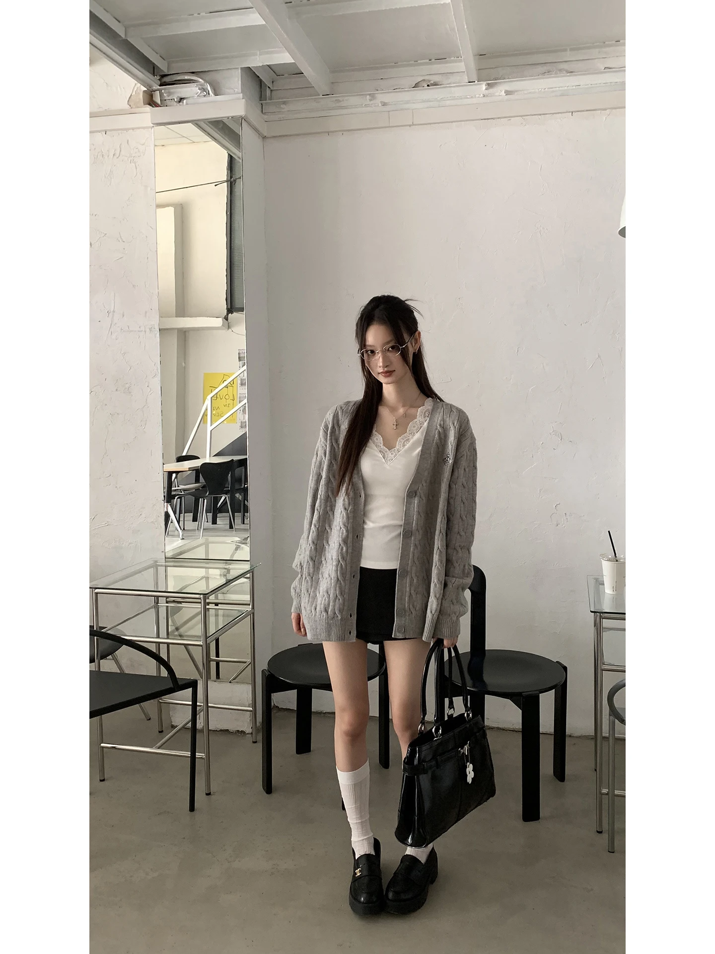 

ay Свободный вязаный открытый кардиган, женский корейский топ ранней осени, Aosphere Sensation, широкий свитер с V-образным вырезом J...