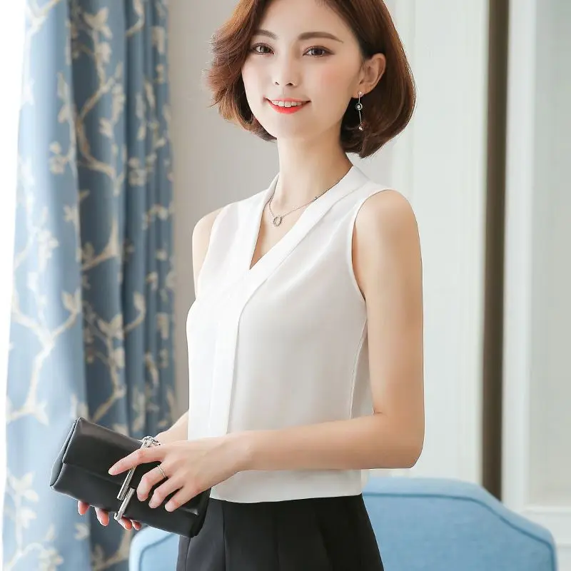 Women Spring Summer Keep Slim Chiffon Pleated Solid Color V-neck Sleeveless Shirts Ladies Casual All-match Tops Tee A290