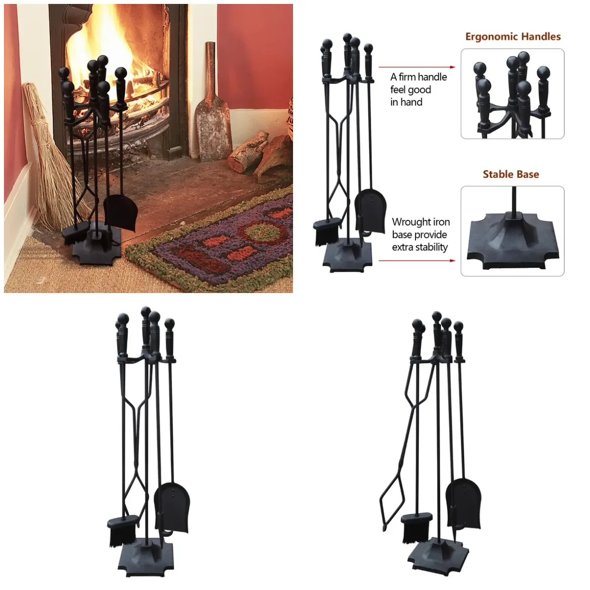 

Набор железных камина из 5 предметов с ручкой из кованого железа; Набор пожарных инструментов с подставкой для костра; Черный