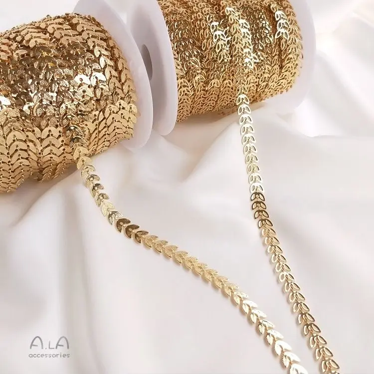 14K الذهب معبأ Colorfast ورقة فضفاضة سلسلة اليد سلسلة جوفاء أوراق الصفصاف القرط ملحق DIY بها بنفسك لوازم المواد الحرفية