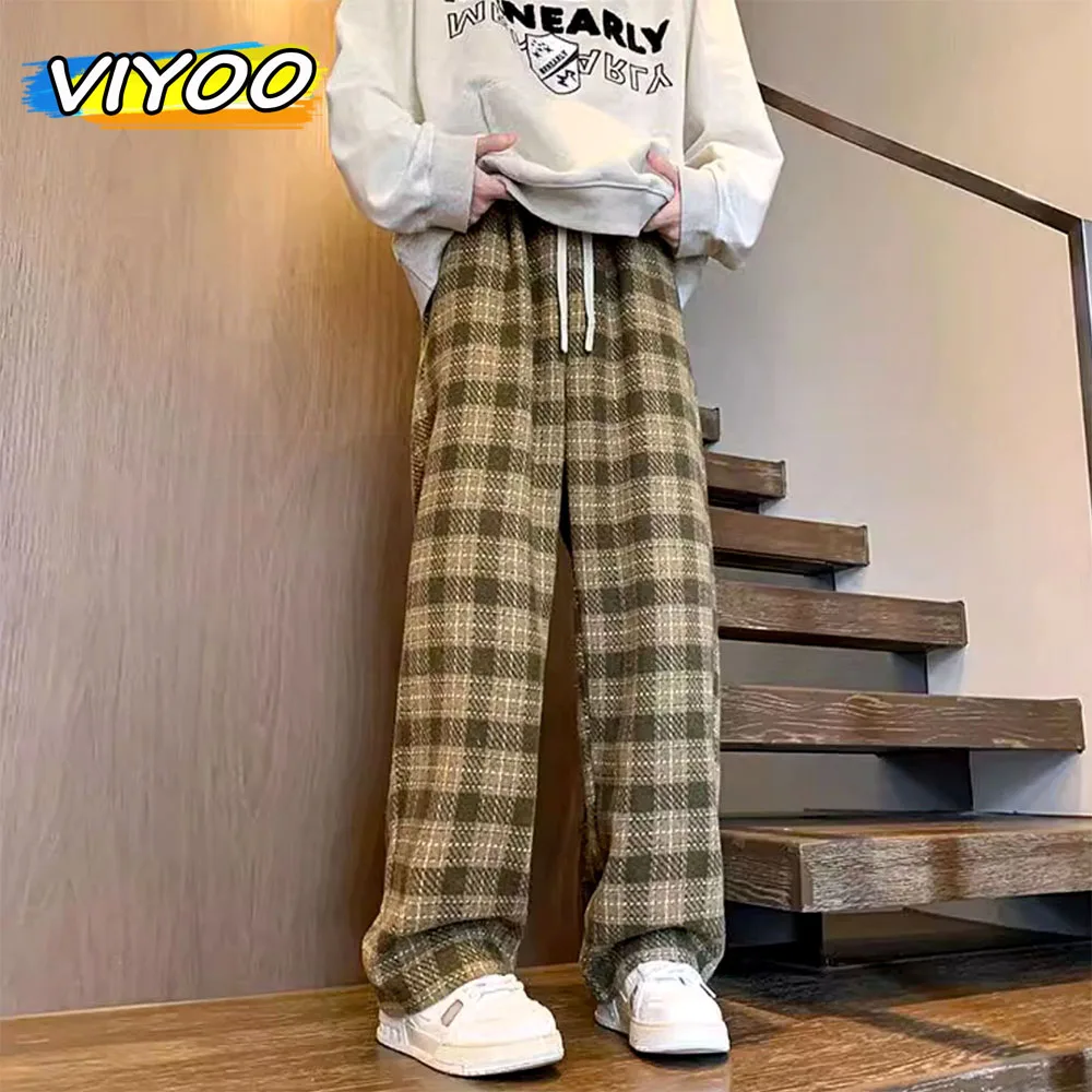 

Y2K Vintage Green Plaid Pants Men Harajuku Winter Wide Leg Trousers Male Oversize Casual Sweatpants Streetwear Korean Clothes