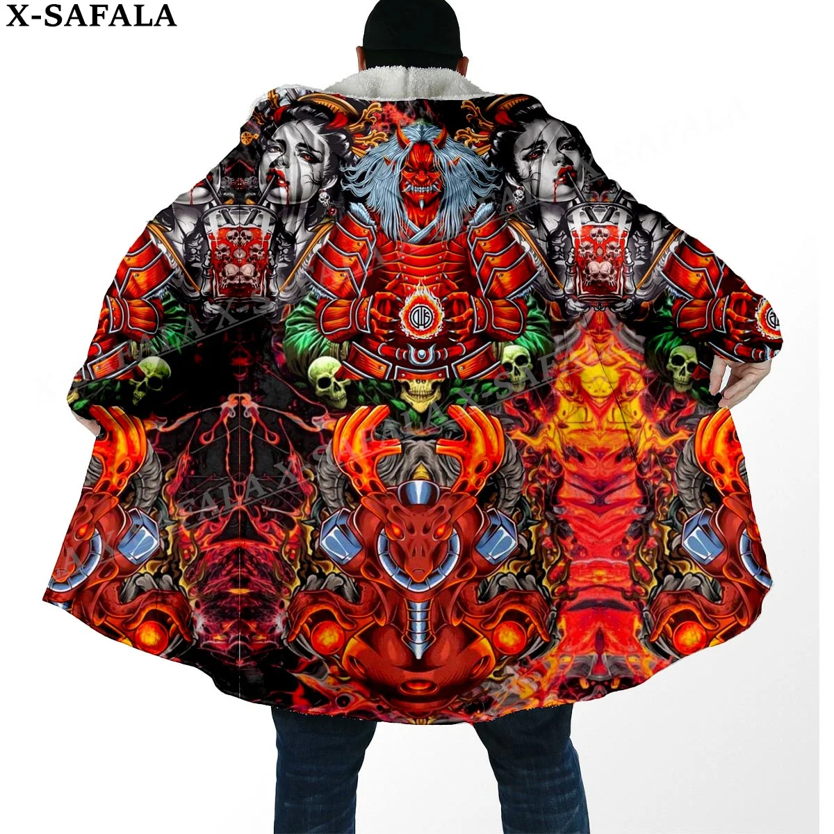 Samurai Oin Skull Trippy Psychedelic Thick Warm Hooded Cloak Men Overcoat Coat Windproof Fleece Cape Robe Hooded Blanket-9