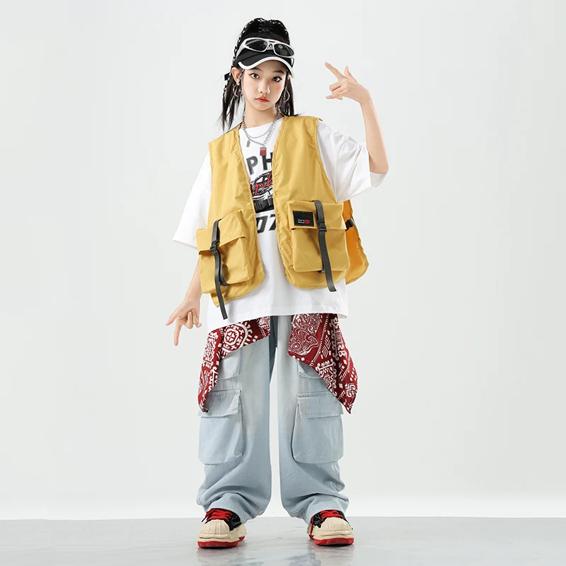 Girls K-pop Outfits Vest Loose Pants Boys Hip Hop Jazz Street Dancing Clothes Sets Children Streetwear Kids Teens Stage Costume
