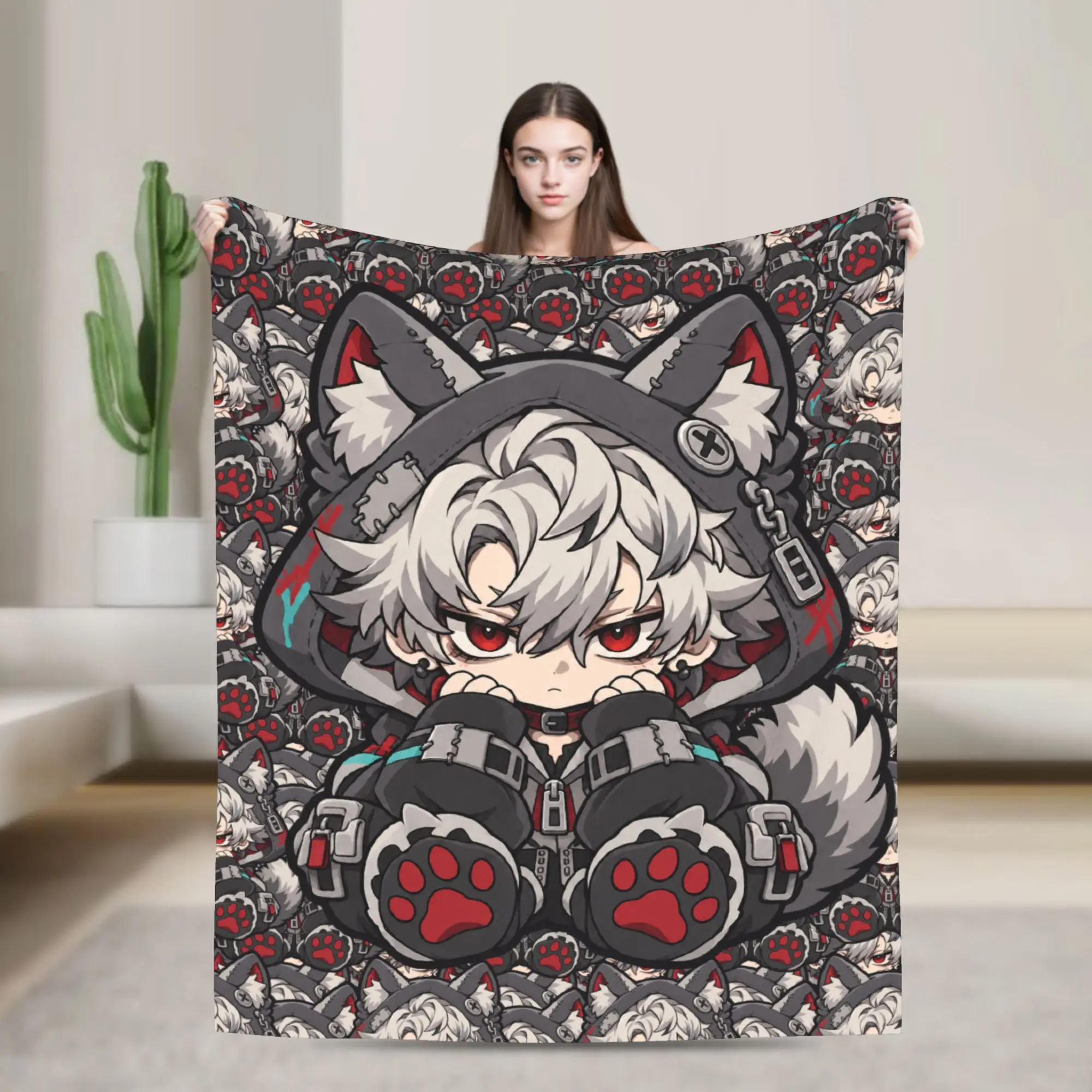 GACHIAKUTA Gray Haired Cat Boy Paw Chibi Plush Blankets Flannel Bedding Throws For Home Decor Warm Soft Customized Bedspread