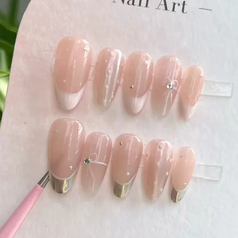 10Pcs Cute Handmade Short Square Round Press On Nail Cartoon Bear Cat Diamond Flowers Design Wearable Full Cover Fake Nails Tips view 5