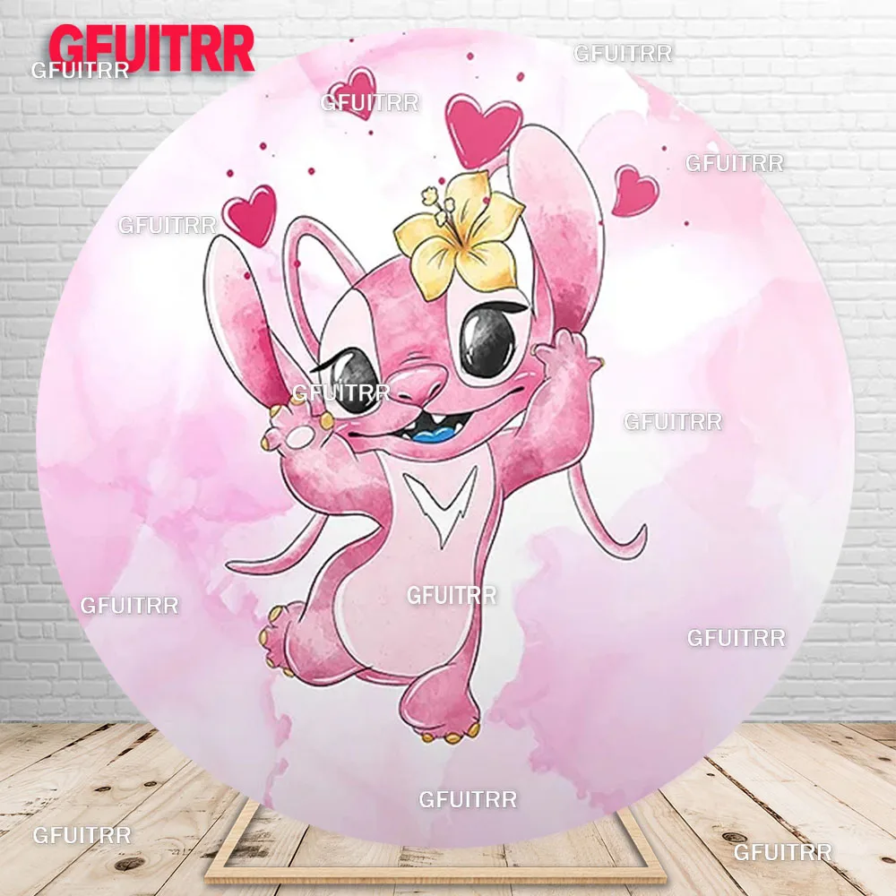 Lilo & Stitch Angel خلفية دائرية لتزيين حفلات أعياد الميلاد وغطاء وردي لخلفية التصوير الفوتوغرافي كشك استحمام الطفل