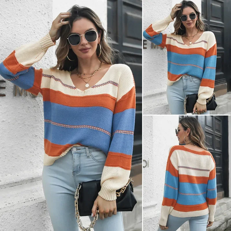 

Striped Contrast V-neck Long Sleeve Knitted Sweater for Women's Loose Autumn and Winter Women's Sweater New Style Kint Tops