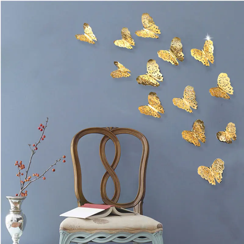 12Pcs/lot 3D Hollow Golden Silver Butterfly Wall Stickers Art Home Decorations Wall Decals for Party Wedding Display Butterflies