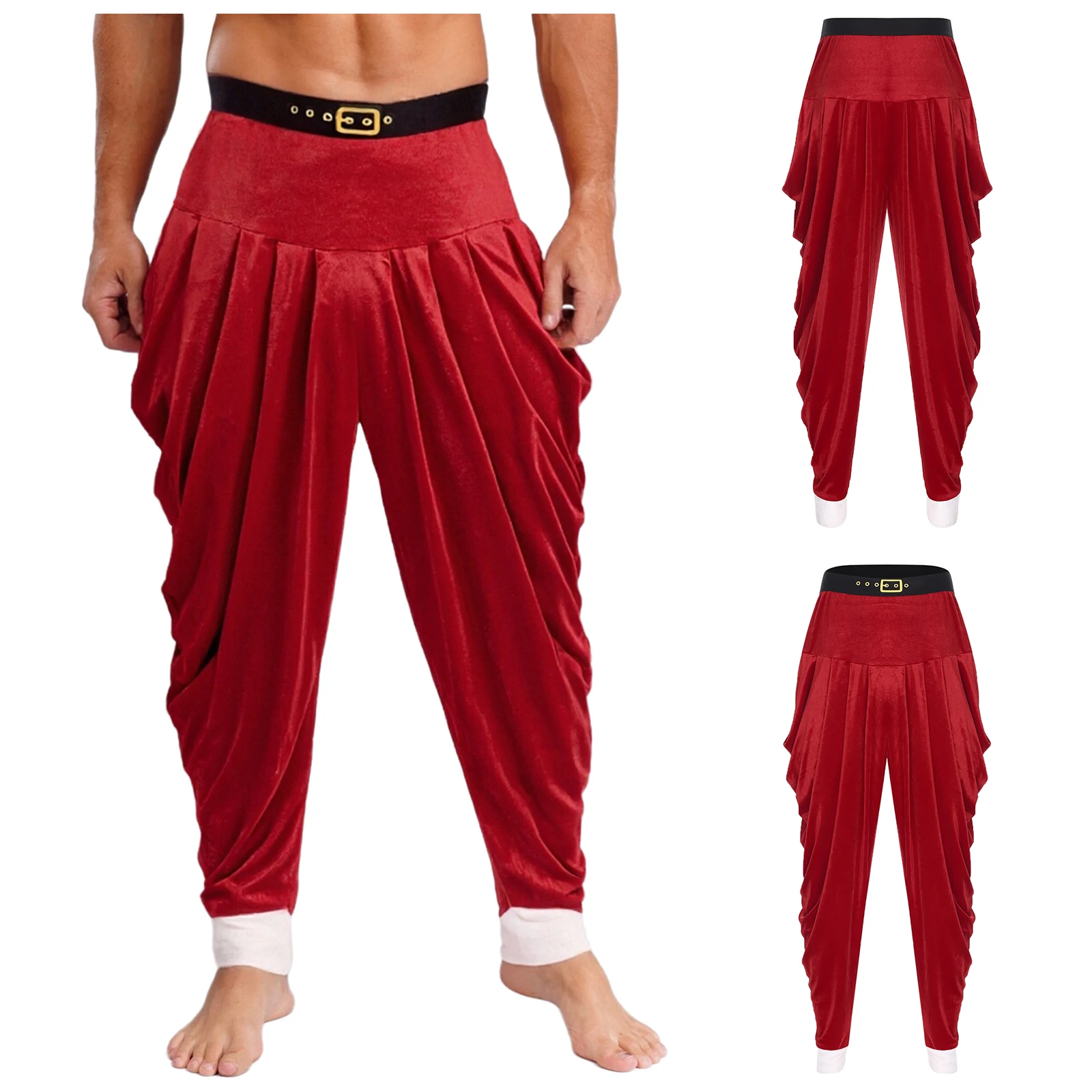 

Men Christmas Santa Claus Costume New Year Party Santa Pants Red Color Velvet Elastic Waistband Baggy Pants for Fancy Dress Up