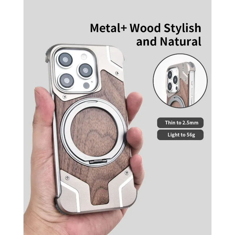 360°Rotating Ring Stand Walnut Wood Metal Frameless Magnetic Heat Dissipation Phone Case for Iphone16 15 14 13 Pro Max - Image 3