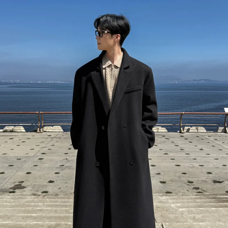 

Корейское мужское длинное пальто-костюм в винтажном стиле, высококачественное шерстяное пальто с воротником-тукседо, длиной до колена