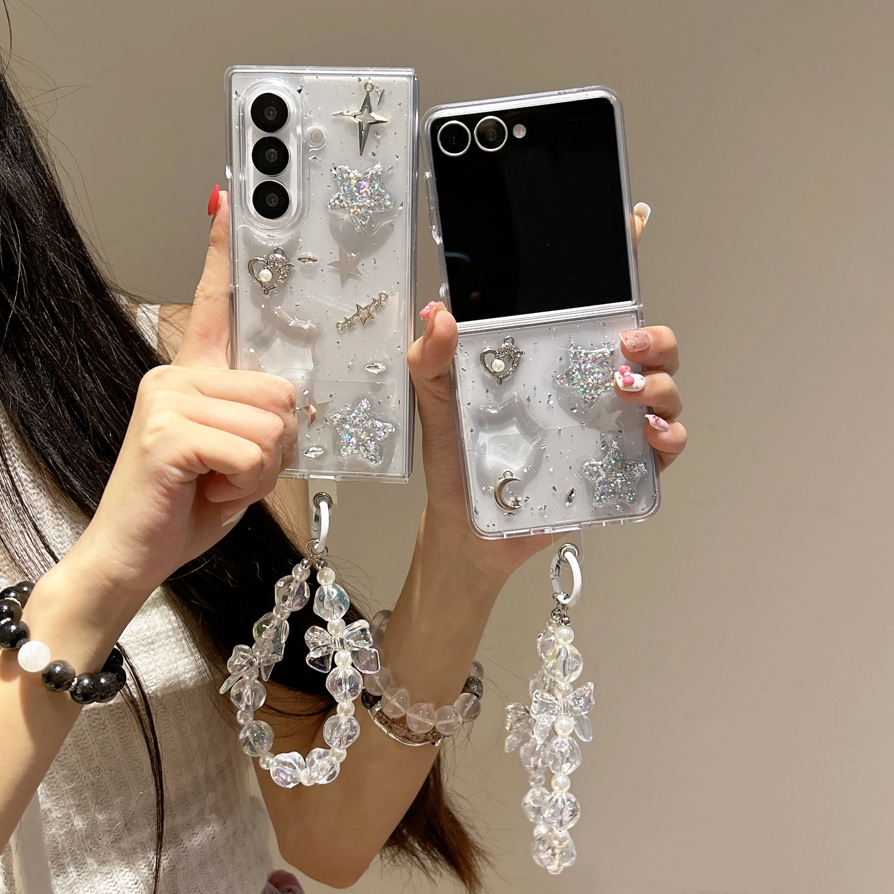 

Back Cover For Samsung Galaxy Z Flip 7FE/Fold 6 5 4 3 Case Glitter 3D Love Stars Moon Bracelet Chain Shockproof Phone Case