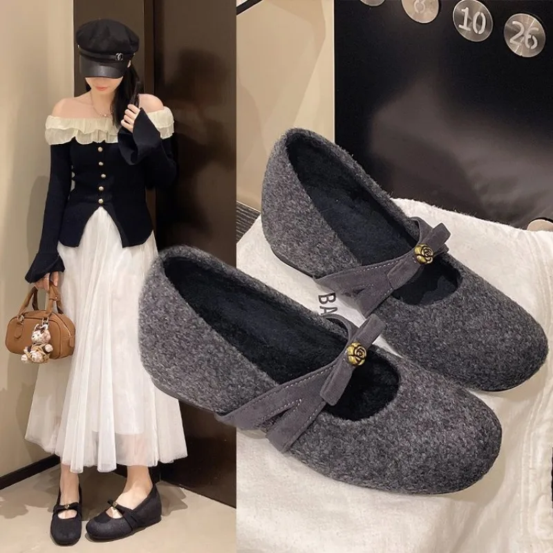 

Fashion Square Toe Fce Flet Ballet Flats Woman Winter Warm Wool Mary Jane Shoes Ladies Brand Design Elegant Plush New