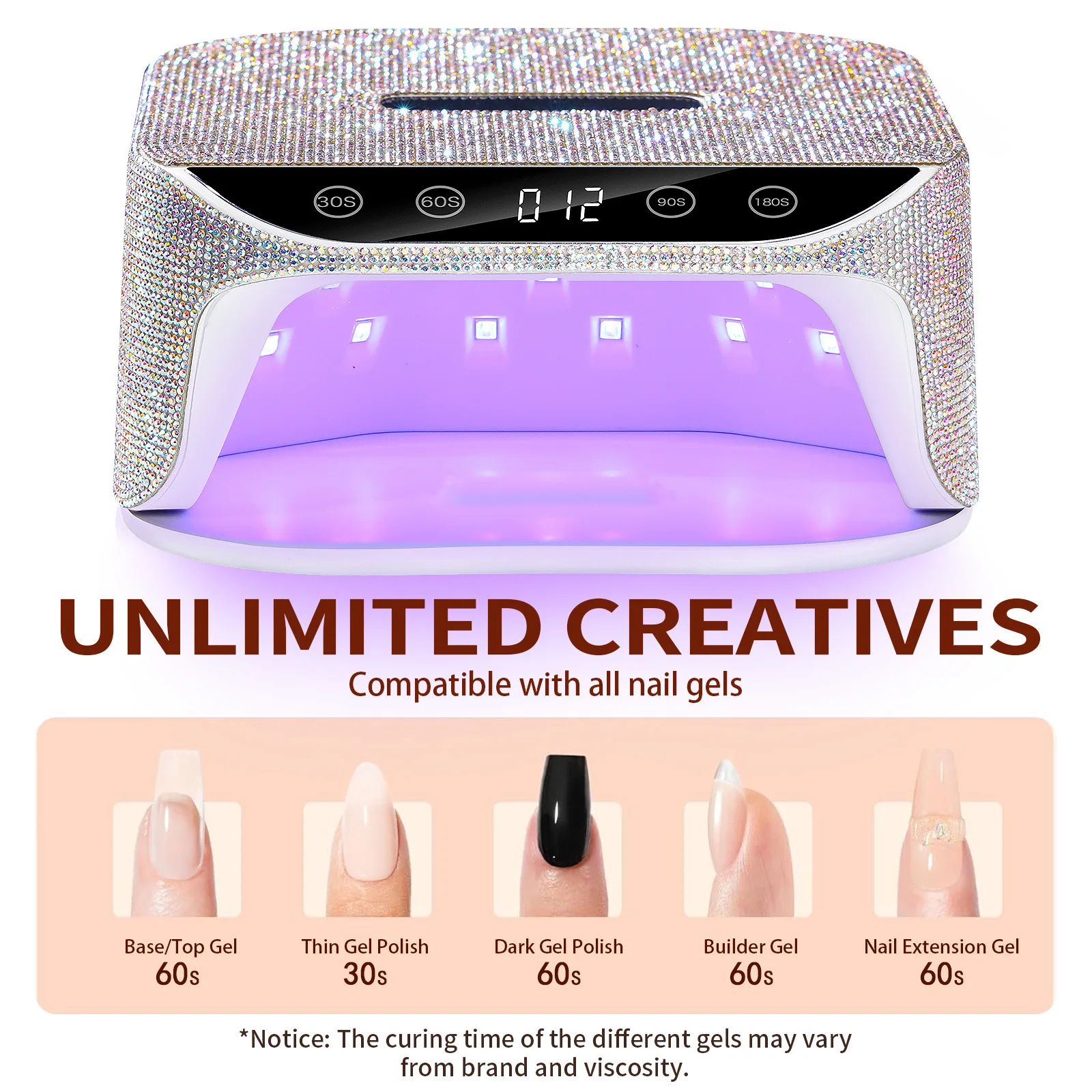 New Nail Lamp with Rhinestones Quick Drying LCD Touch Curing All Gel Manicure with Handle Cordless Nail UV LED Lamp