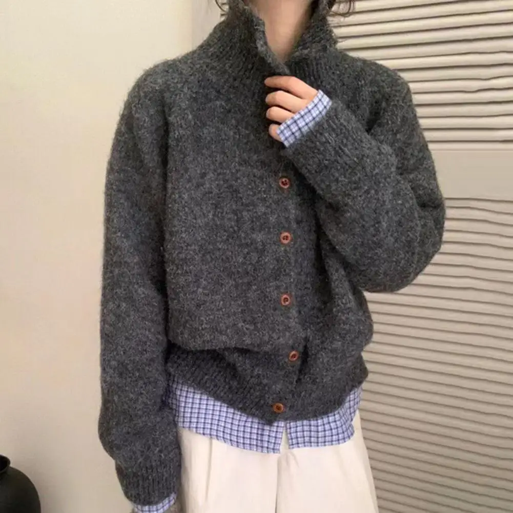 

Women Plush Sweater Coat High Collar Long Sleeve Loose Fit Design Knitting Sweater Buttons Closure Knitwear