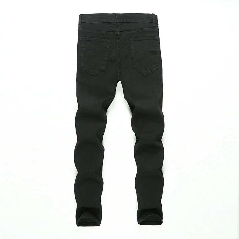 Men Jeans Pencil Pant Denim Long Pants Casual Straight Trousers Pockets Splice Slim Fit Hole High Waist Autumn Winter