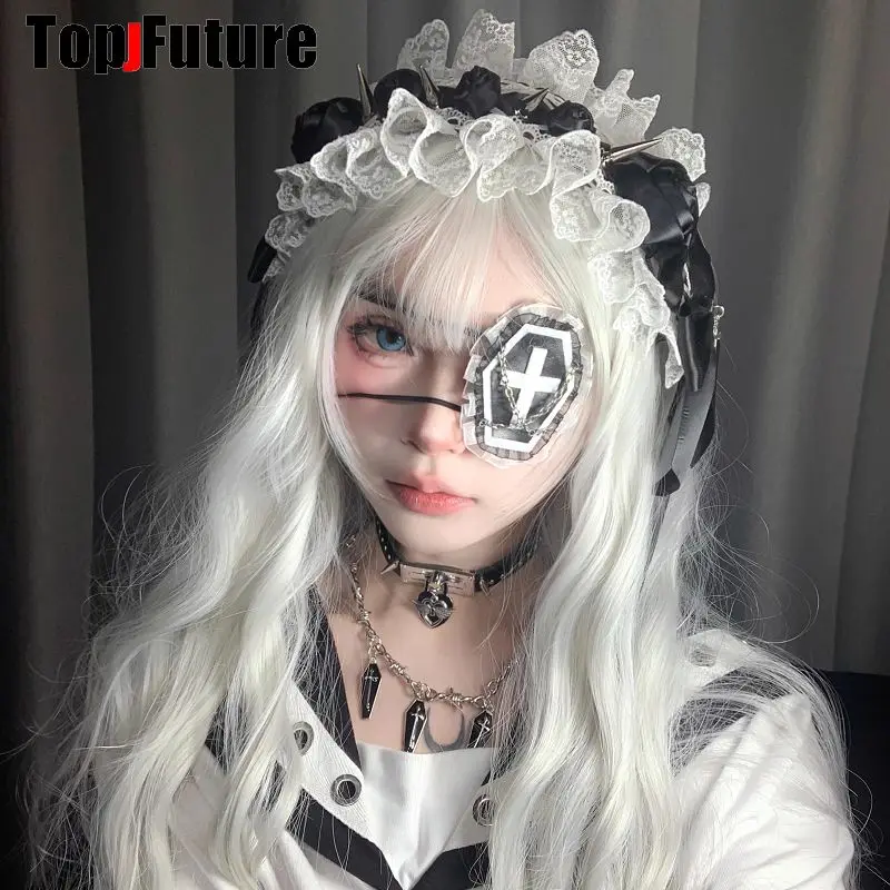 Streetwear Y2k kız kadınlar gotik Lolita Cosplay Harajuku Punk Steampunk dantel başak çapraz Hairbands Hairband çapraz göz maskesi