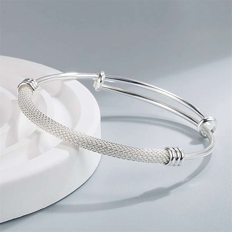 

Stylish 925 sterling silver women's mesh bracelet Open leaf shaped adjustable charm bracelet Girl Party jewelry Christmas gift
