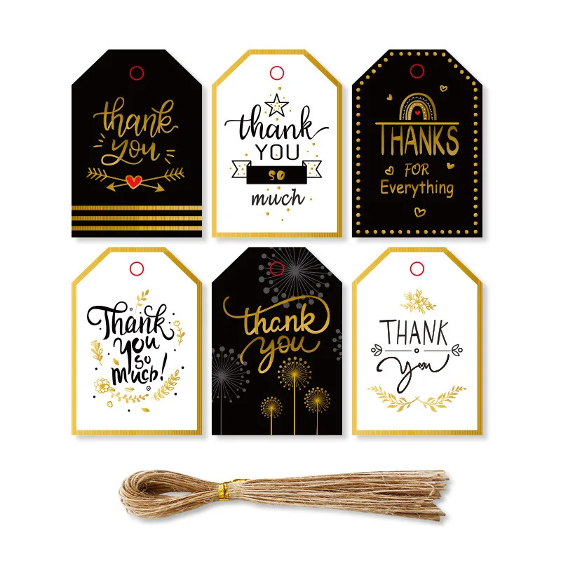48pcs/set THANK YOU Tags Black White Golding Gift Wrapping Paper Cards Kawaii Hanging Labels Happy New Year Gift Wrapping Tags