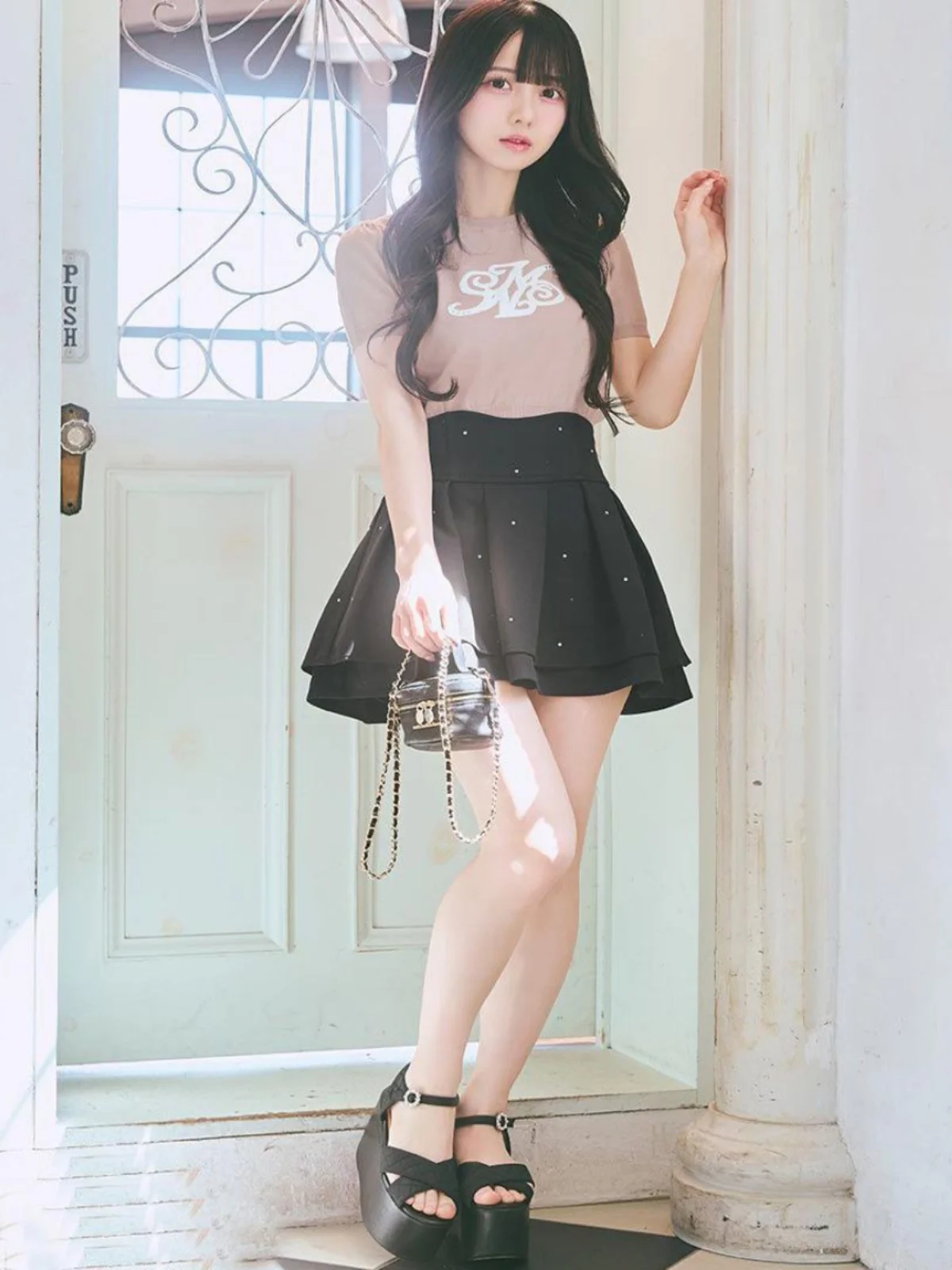 Slimming Black Skirt with Shiny Rhinestones High Waist A-Line Pants Popular Style Visual Lengthening Legs Self-Keeping A...