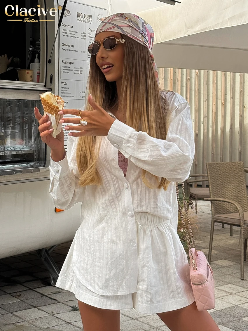 

Clacive Fashion Loose Blue Cotton 2 Pieces Set Woman 2025 Elegant Long Sleeve Shirt With High Waist Shorts Set Female Clcothes