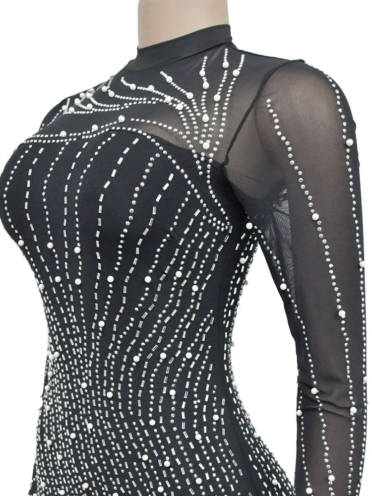 Kricesseen Sexy Rhinestone Sheer Mesh Bodycon Dress Women Crystal Tassel Hem Long Sleeve Birthday Clubwear Mini Dress