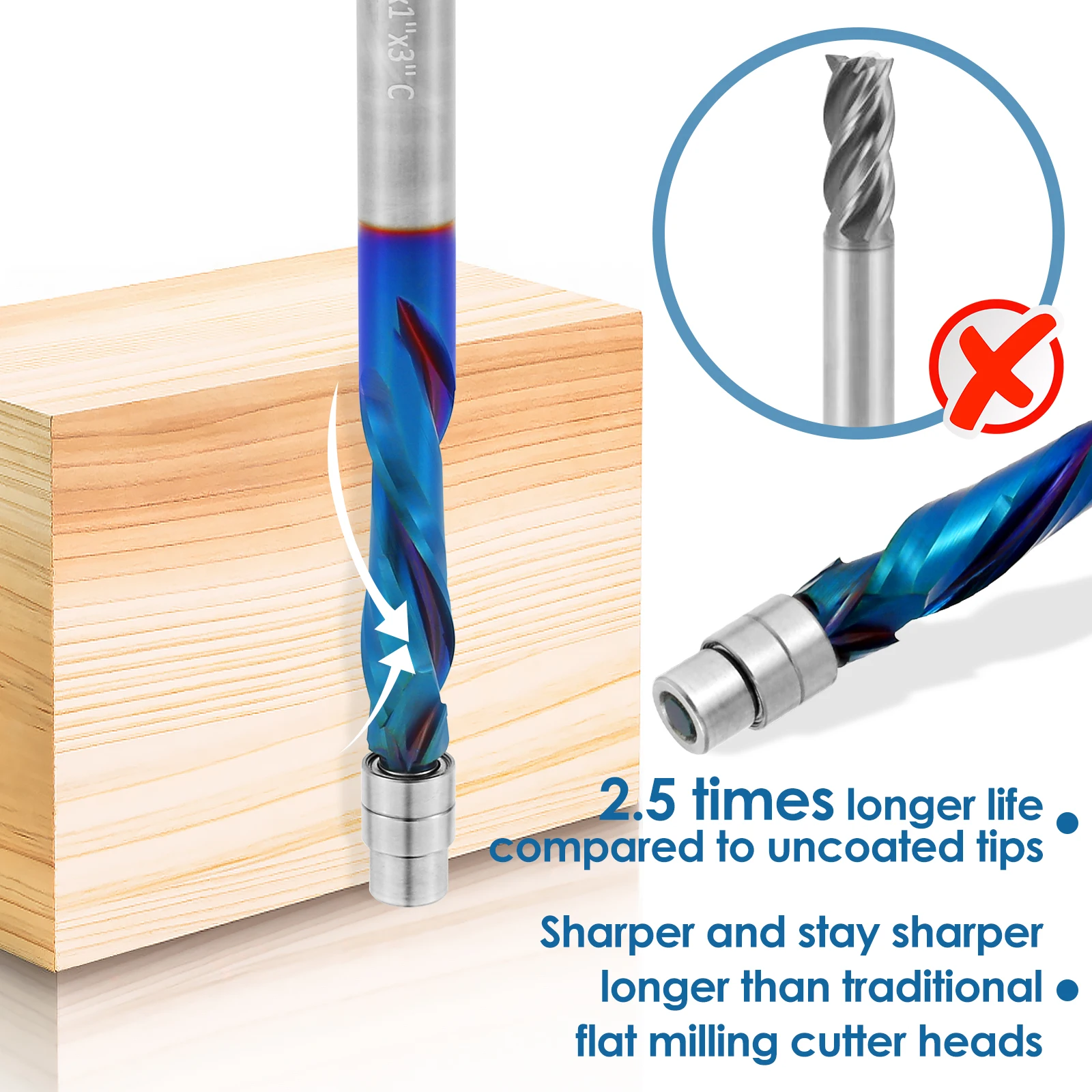 Up Down Cut Spiral Flush Trim Router Bit 1/4 Inch Shank Carbide Up Down Compression Flush Trim Router Bit with Nano Blue Coated