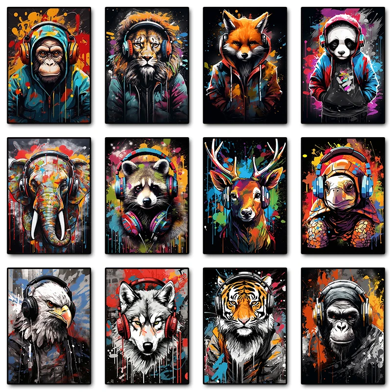 Graffiti Animal Monkey Dog Headphone Gaming Posters Prints Canvas Painting Wall Art Picture for Teen Room Gamer Gift Game Decor