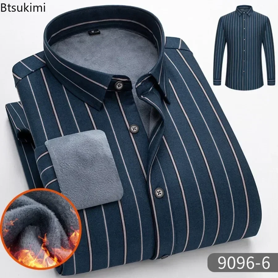 2025 Men's Striped Long Sleeve Warm Shirts Single-breasted Turn-down Collar Business Shirt Fleece Lined Warm Tops for Men Shirts