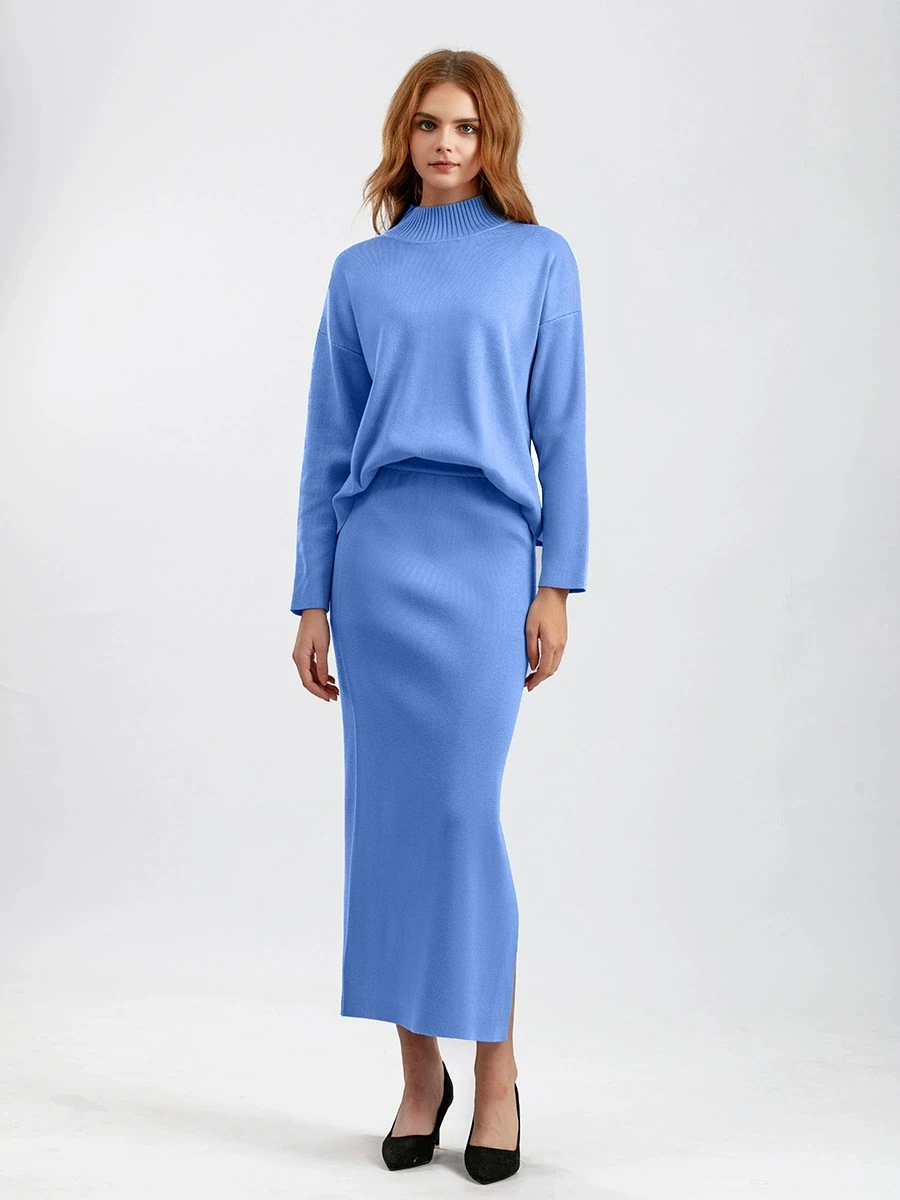 

Fashion Elegant Knitted Skirt Two Piece Set Women Temperament Pullover Sweater Knitwear Package Hip Slit Skirts 2 Piece Sets New