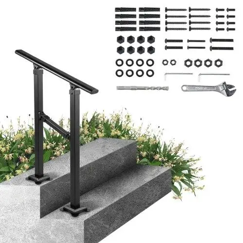 Adjustable Outdoor Stair Railing for 1 -2 Steps, Matte Black Wrought Iron Handrail with Installation Kit for concrete Steps