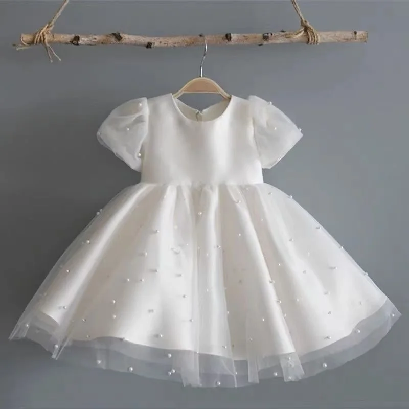 Fashion Girl Princess Vintage Pearl Dress Tulle Child Vestido Puff Sleeve Wedding Party Birthday Tutu Dress Child Clothes 1-10Y