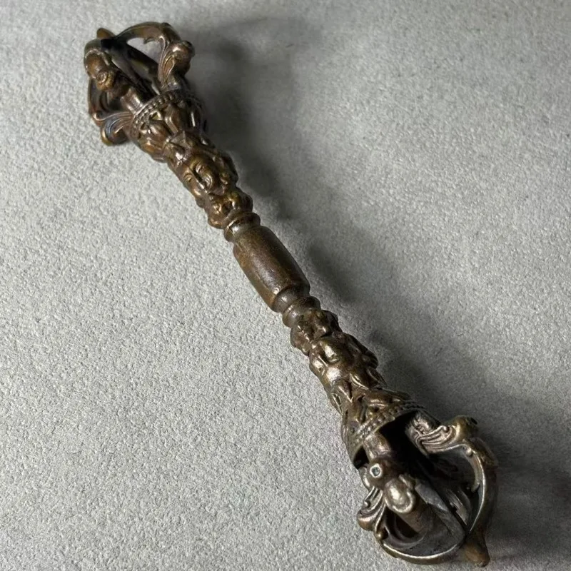 Tibetan Five-Pronged Vajra Vintage Tantric Buddhism Ritual Implement Embossed Buddha Statue Phurba Meditation Altar Ornament