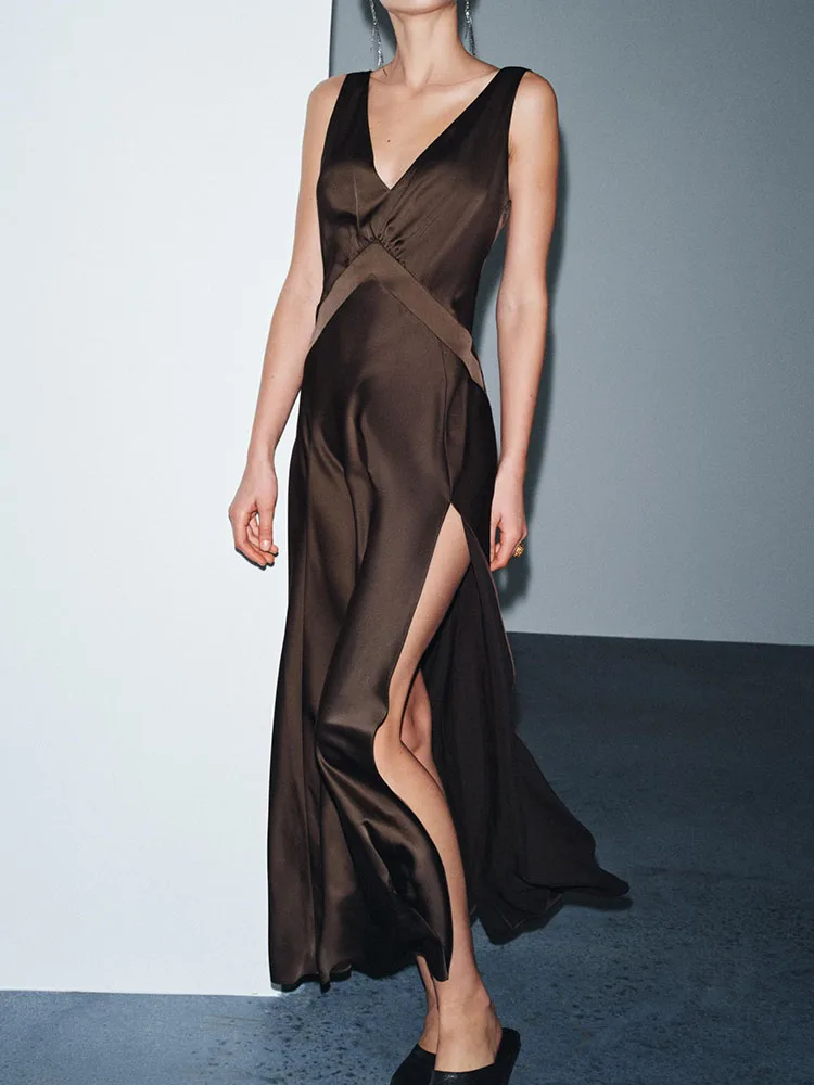 

Модное длинное шелковое атласное платье Dr Ele, милое сексуальное новое поступление, зима 2025, миди Dr, глубокое V-образное вечернее платье с атласом