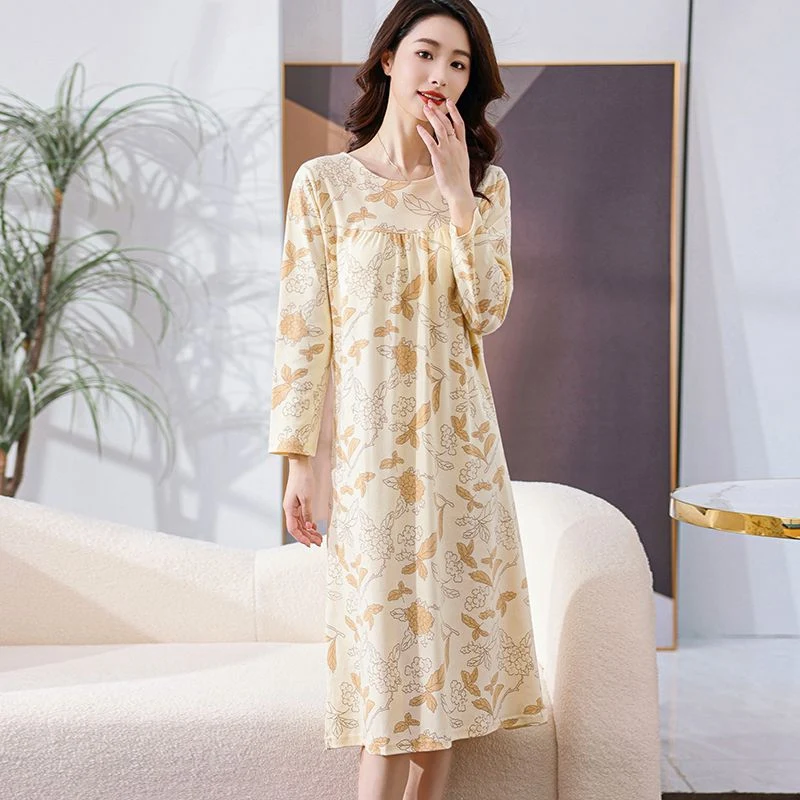 

2025 Spring Plus Size Long Sleeve 100% Cotton Print Nightgown for Women Korean Cute Sleepwear Night Dress Nightdress Home Nighty