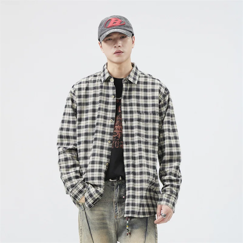 High-quality Pure Cotton Plaid Shirt Men Fashion Loose Casual Plus Size Long Sleeve Shirt Boyfriend Oversize Shirt Coat Cardigan