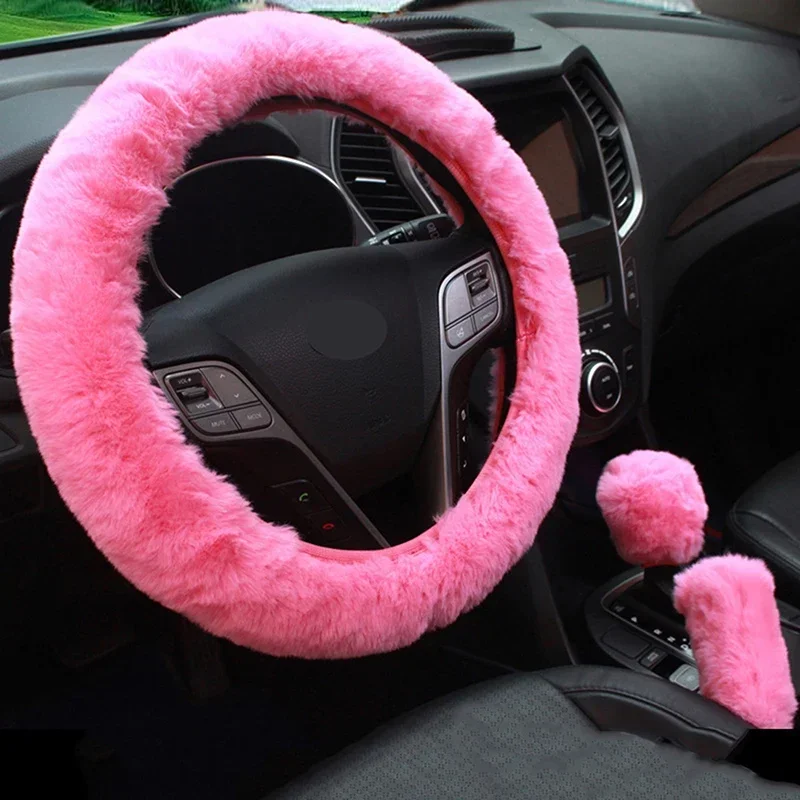 Car Steering Wheel Cover Gearshift Handbrake Cover Protector Decoration Warm Super Thick Plush Collar Soft Black Pink Women Man