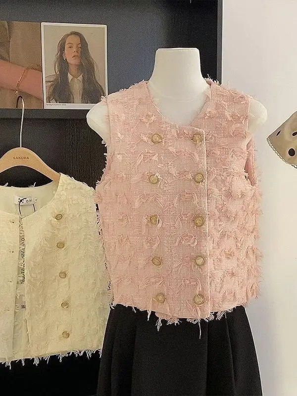 플러스 사이즈 태슬 트림 베스트 또는 플러스 사이즈 여성용 아우터웨어 출퇴근용 라운드 넥 더블 버튼 클로저