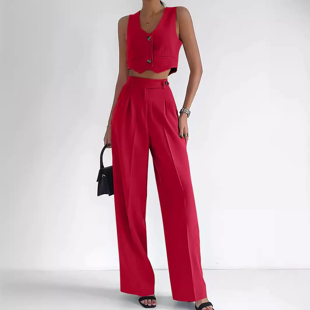 Office Ladies Suit 2-piece Set Fashionable Two-button Sleeveless Vest And High Waist Wide-leg Pants Casual Suit Women's Suit