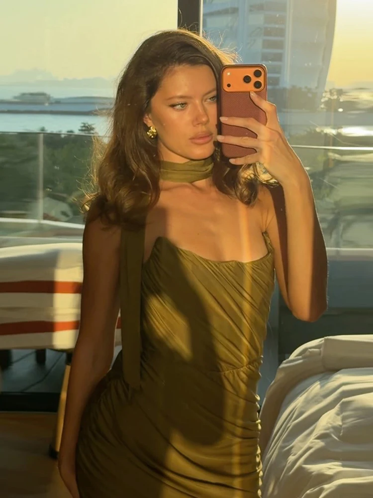 Nibber moda elegante vestido Irregular fruncido mujer elegante sin mangas de cuello bajo sin espalda tendencia Club Peach Hip Mini Bodycon