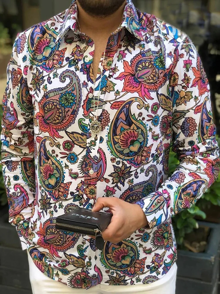 

Men's Long Sve Printed irt Patterned Floral Design Casual Sle Polyester Fiber Autumn Season Regular Fit Collar