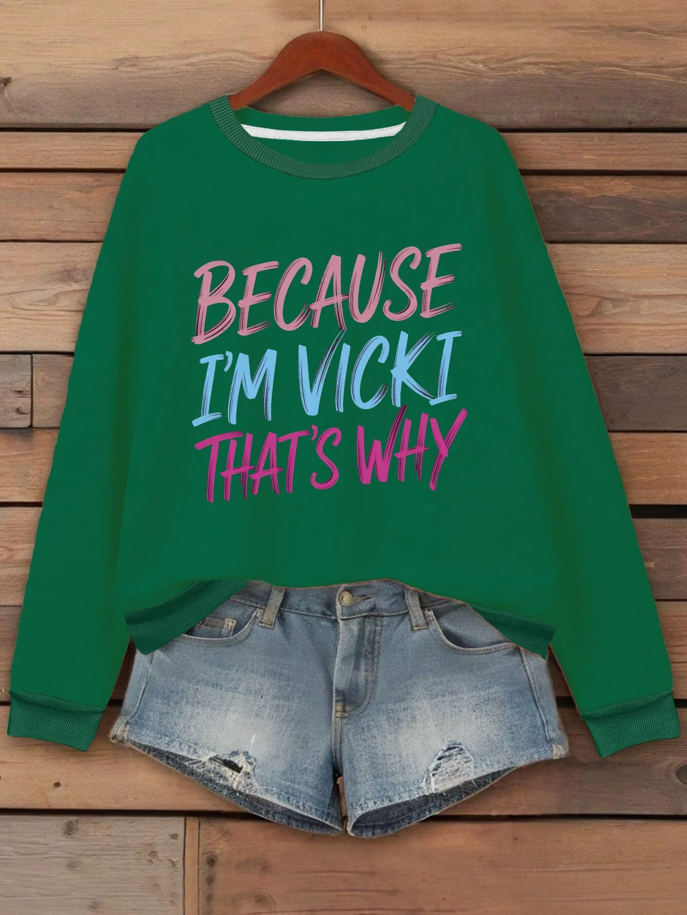 Because I'm Vicki That's Why Women's Plus Size Sweatshirt - Black Oversized Casual Pullover with Bold Pink & Blue Lettering