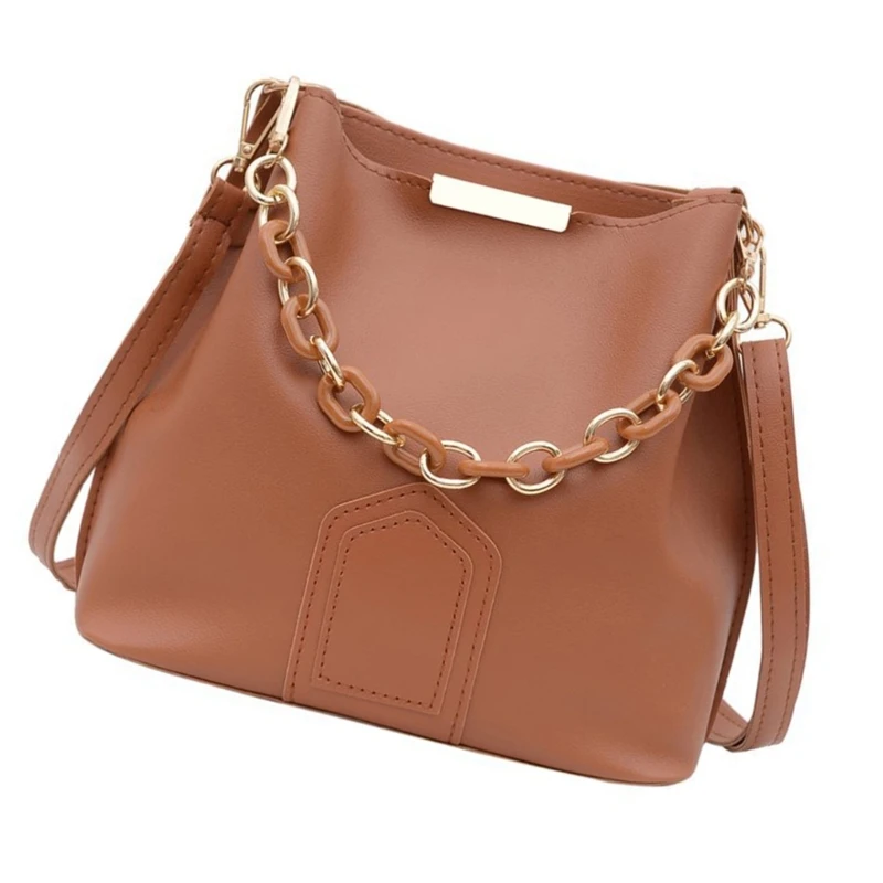 E74B Korean Simple Shoulder Bag with Adjustable Strap for Womens Chain Handle PU Leather Handbag Crossbody Bucket Bag Purse