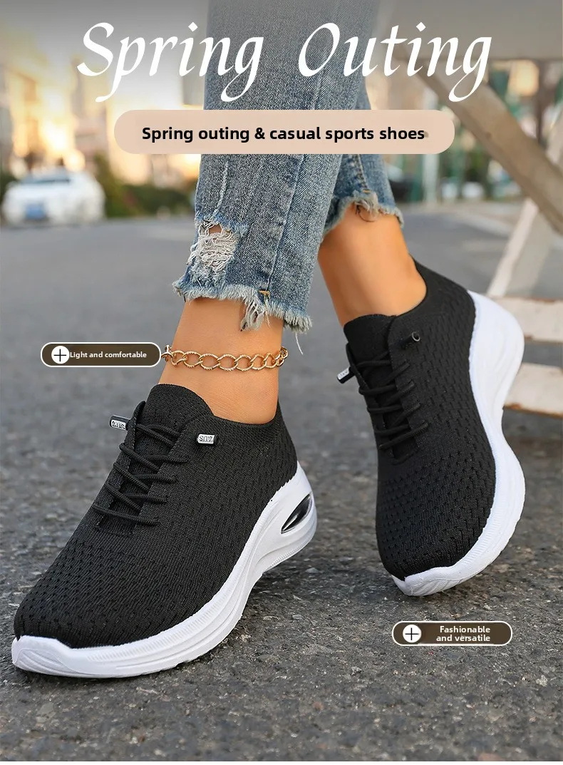 Damen-Strick-Mesh-Sneaker mit elastischen Schnürsenkeln ohne Binden, Luftpolster, dicker Sohle, leichten, rutschfesten Freizeitschuhen für Outdoor-Aktivitäten. – Detail 1