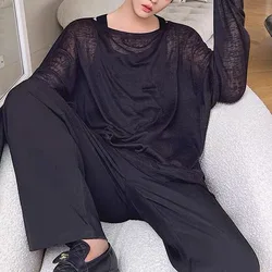 2023 Men's Korean Style Clothes Round Neck Sheer Long Sleeve Man Breathable Thin Style Loose Casual Fashion T-shirt