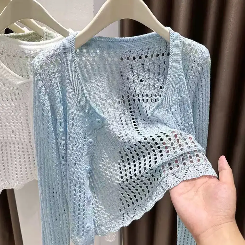 

Women's Sun-Protective Cardigan Thin Hollow-out Knitted Short Blouse Small Shawl Summer Sling Skirt Jacket Outer Wear