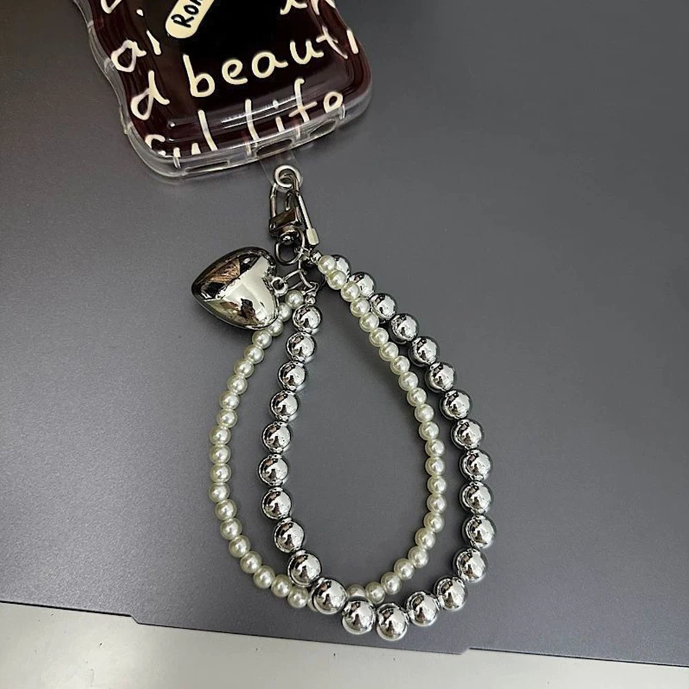 Heart Keychain Women Sweet Charm Double Pearl Beaded Bow Backpack Key Ring Handmade Jewelry Ornament Bags Pendants Phone Strap