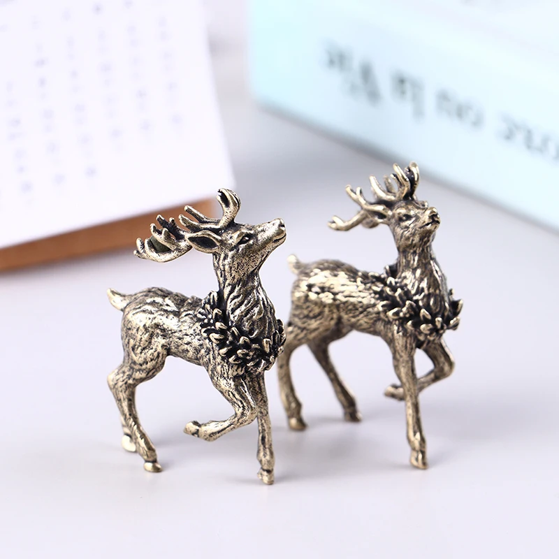 2PCS Pure Copper Deer Sculpture Ornaments Solid Brass Deer Miniature Figurines