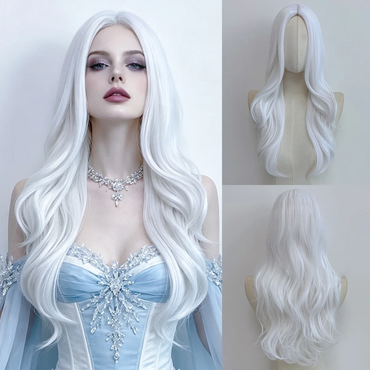 White fashionable center-parted big wave synthetic wig - Halloween cosplay costume wig - Daily party wig - Hot wire wig set